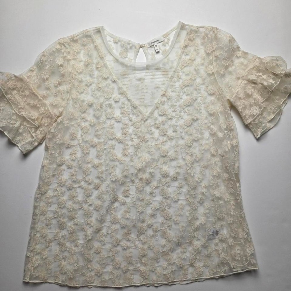 Maurices White See Through‎ Ruffle sleeve top Floral Office Business Size Medium